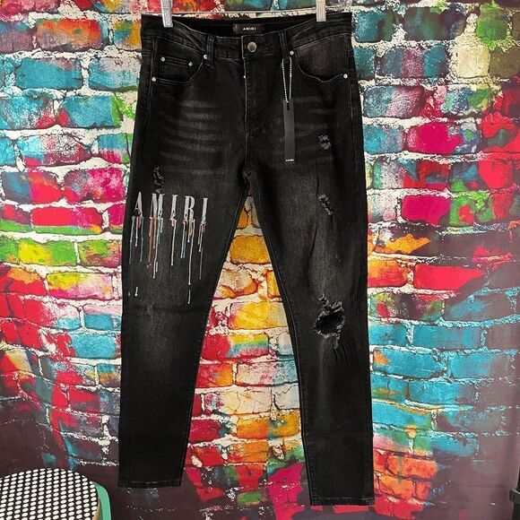 Amiri Paint Drip Coreo Logo Denim Jeans Size 32 - Picture 1 of 7